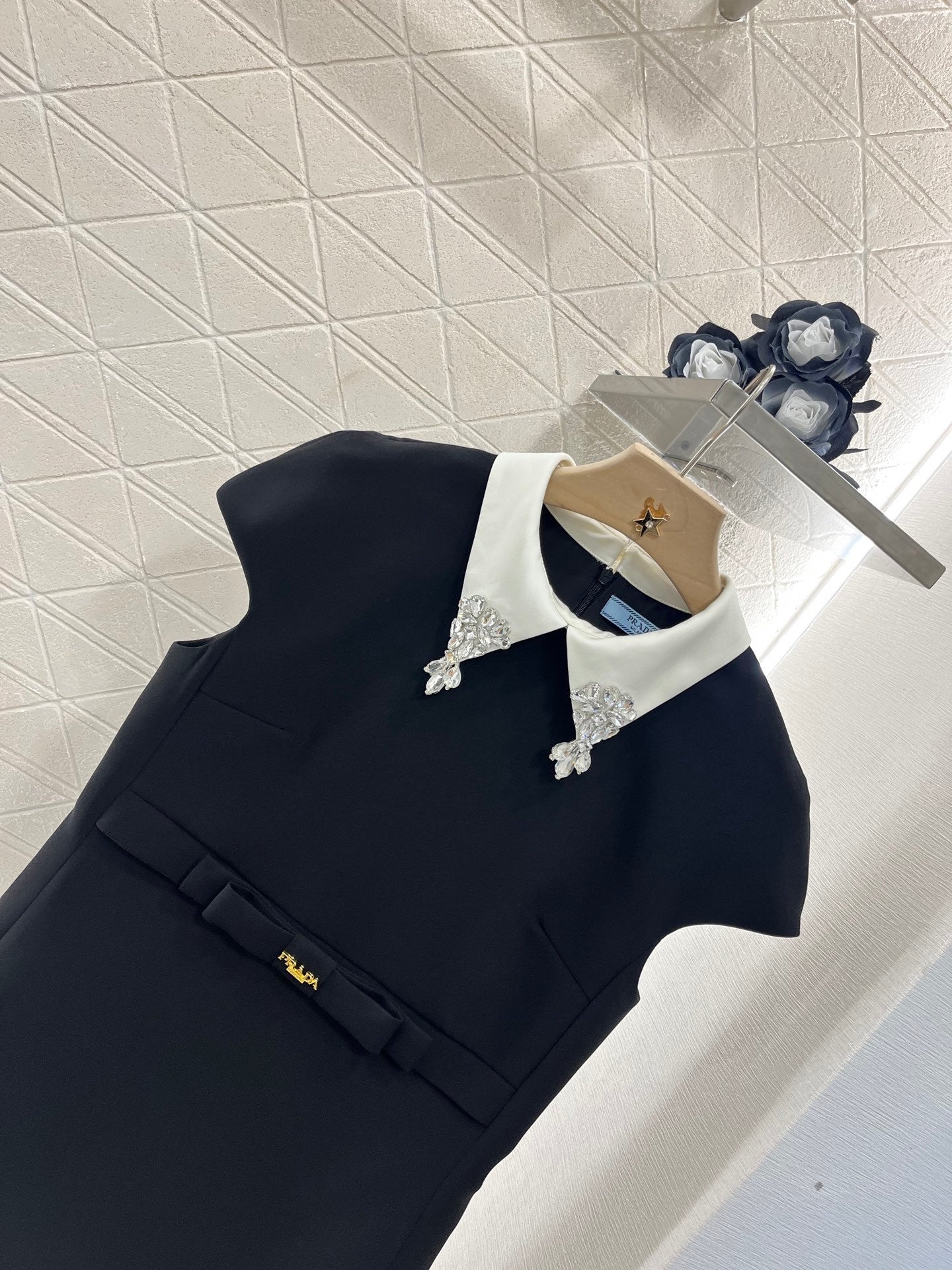 Lapel Dress Embellished with Rhinestones, Made of Custom - made Acetate Fabric