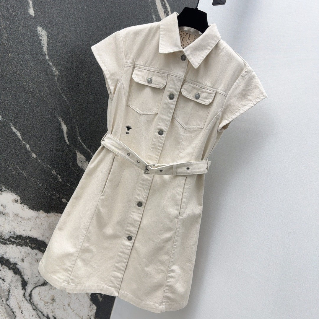 2025 Spring - Summer New Beige Denim Short - Sleeved Belted Dress