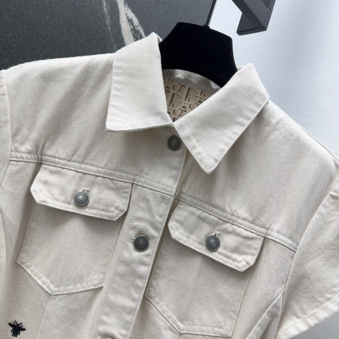2025 Spring - Summer New Beige Denim Short - Sleeved Belted Dress