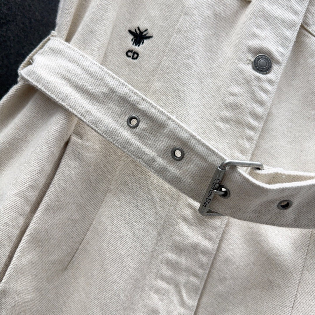 2025 Spring - Summer New Beige Denim Short - Sleeved Belted Dress