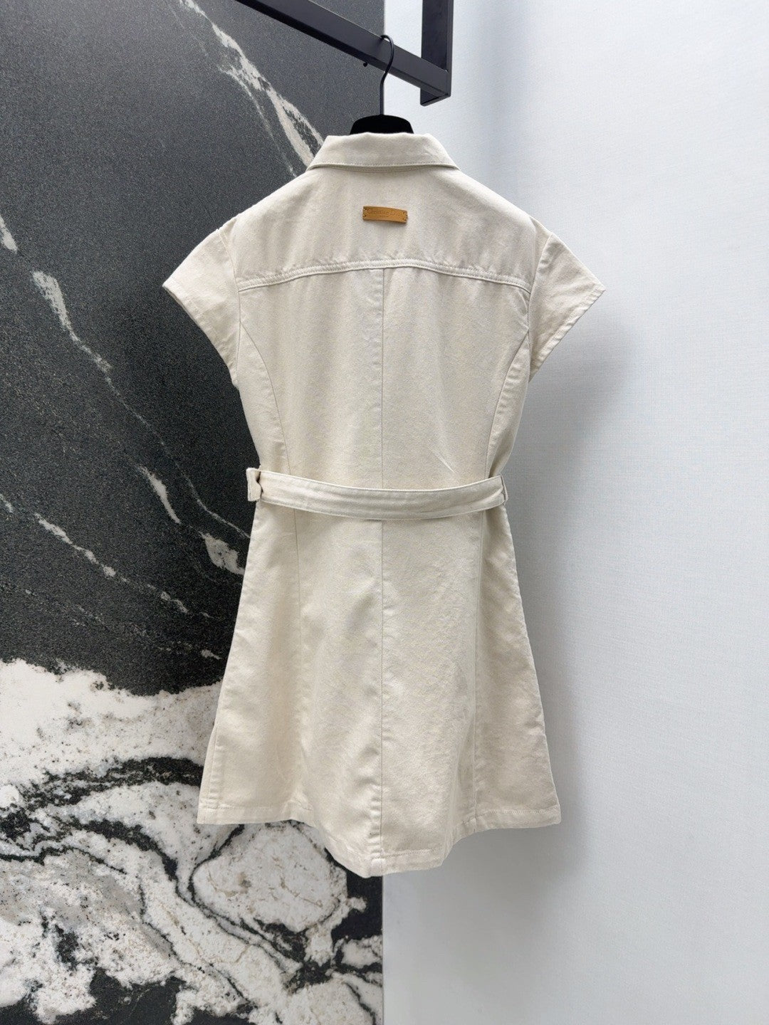 2025 Spring - Summer New Beige Denim Short - Sleeved Belted Dress