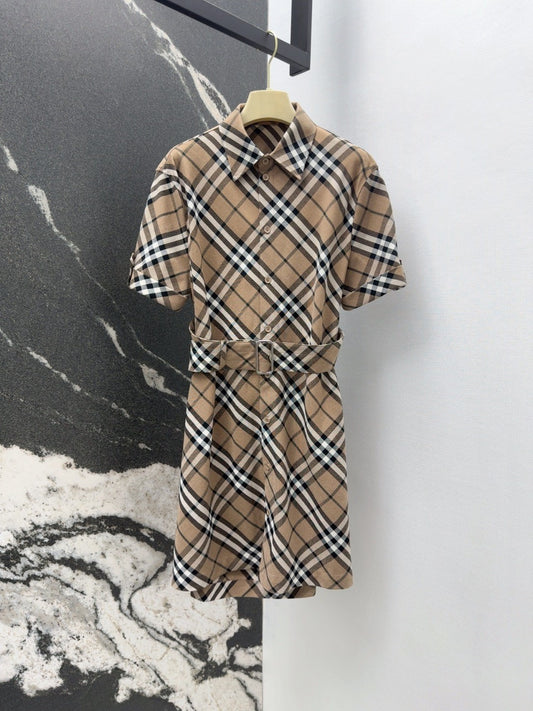 Spring/Summer 2025 New Classic Check Short - Sleeved Belted Shirt Dress