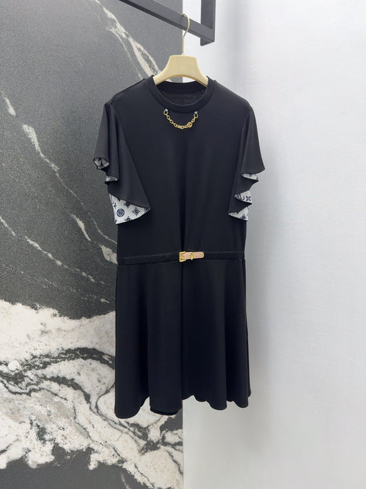 New irregular ruffled dress with flutter sleeves and a belt - cinched waist silhouette