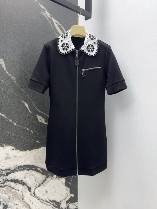 New Short - Sleeved Dress: Black with Embellished Floral Collar & Zippers