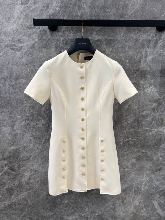New Short - Sleeved Dress: Cream - colored with Logo Gold Button Decoration & French - style Row - button Design
