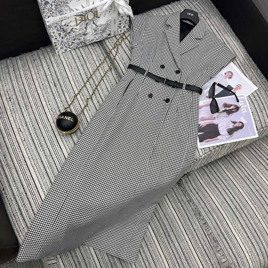 New Houndstooth Sleeveless Double - breasted Long Vest Dress with Belt