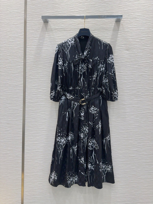 Printed belted dress, made of customized twill silk fabric