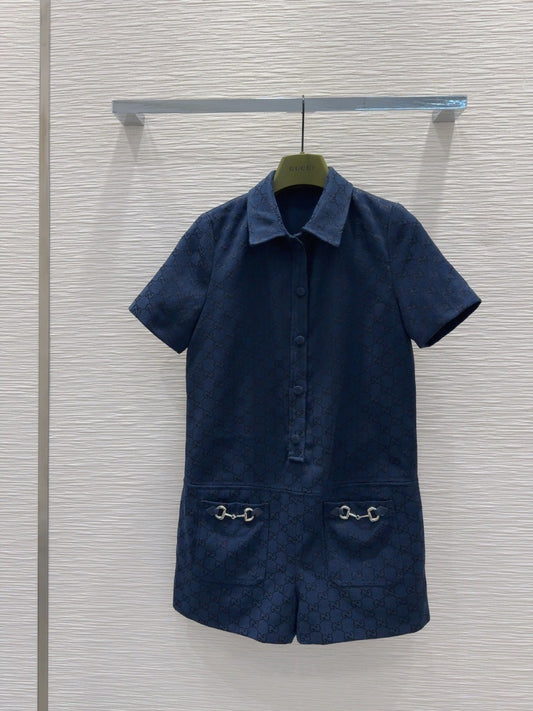 Dark blue double - G jacquard jumpsuit dress; Lapel - collared short - sleeved jumpsuit dress with button placket