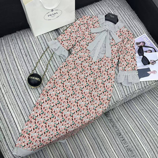 Exquisite New - Arrival! Polka - Dot and Floral Print Fake Two - Piece Short - Sleeved Dress