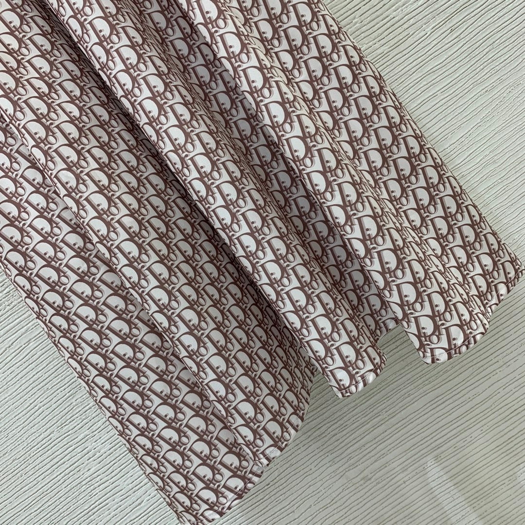 inspired Dress with All - over Monogram Print, Cinched Waist & Flared Silhouette