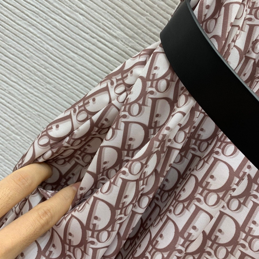 inspired Dress with All - over Monogram Print, Cinched Waist & Flared Silhouette