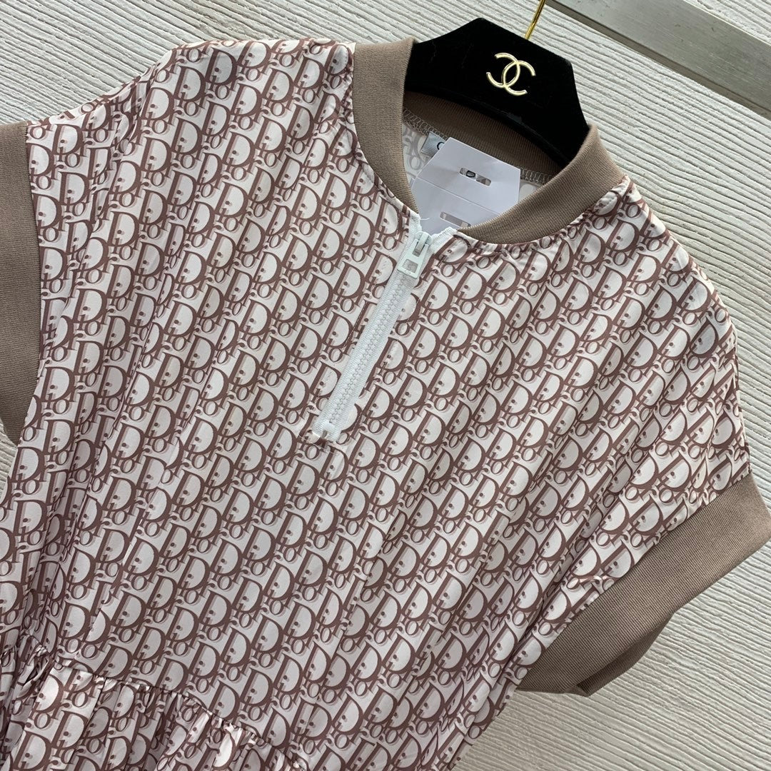 inspired Dress with All - over Monogram Print, Cinched Waist & Flared Silhouette