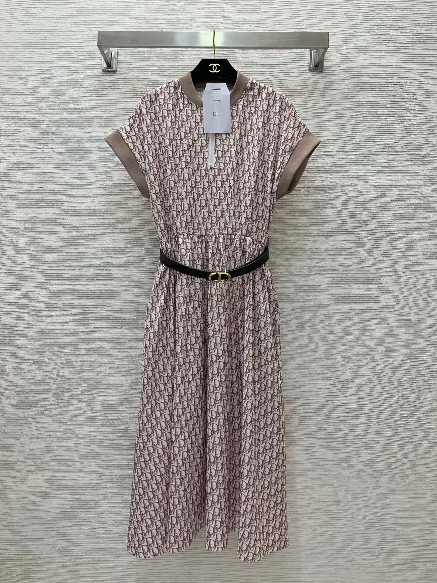 inspired Dress with All - over Monogram Print, Cinched Waist & Flared Silhouette