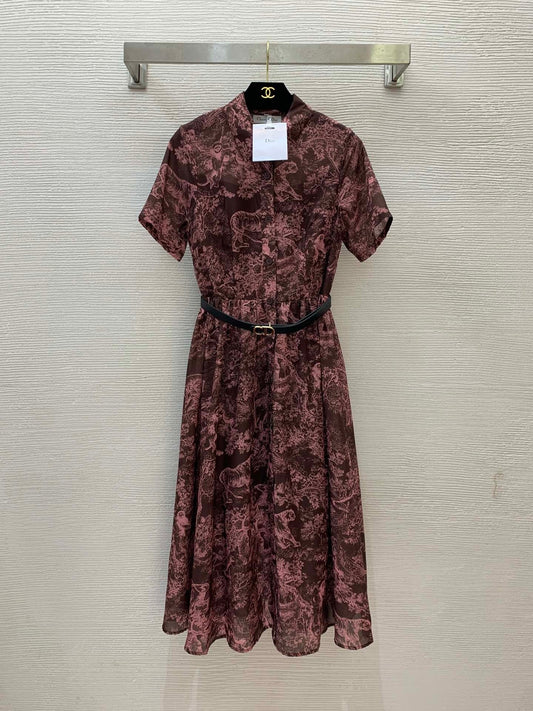 Custom - made short - sleeved dress with jungle animal tiger prints, single - breasted placket, and button - tied convertible collar