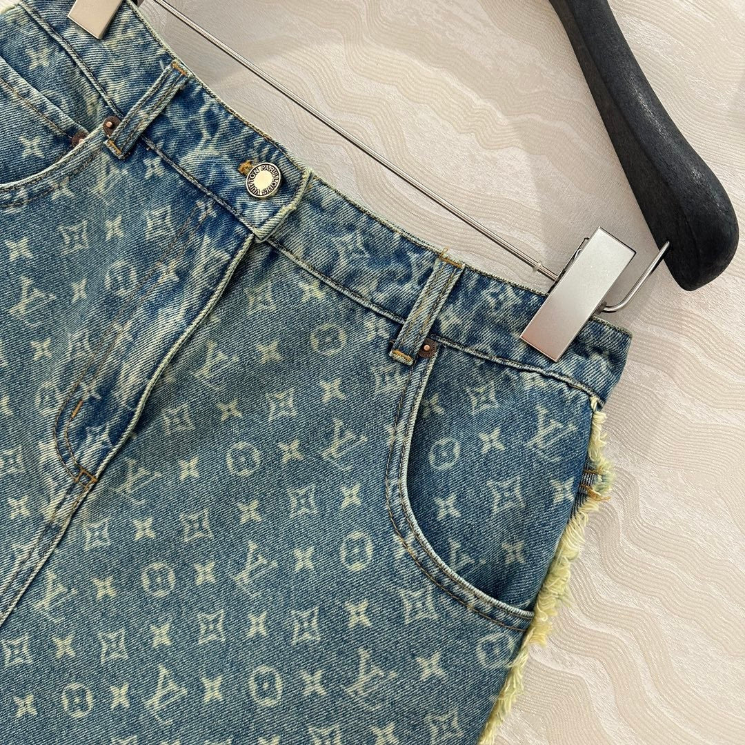 Monogram jacquard denim midi skirt