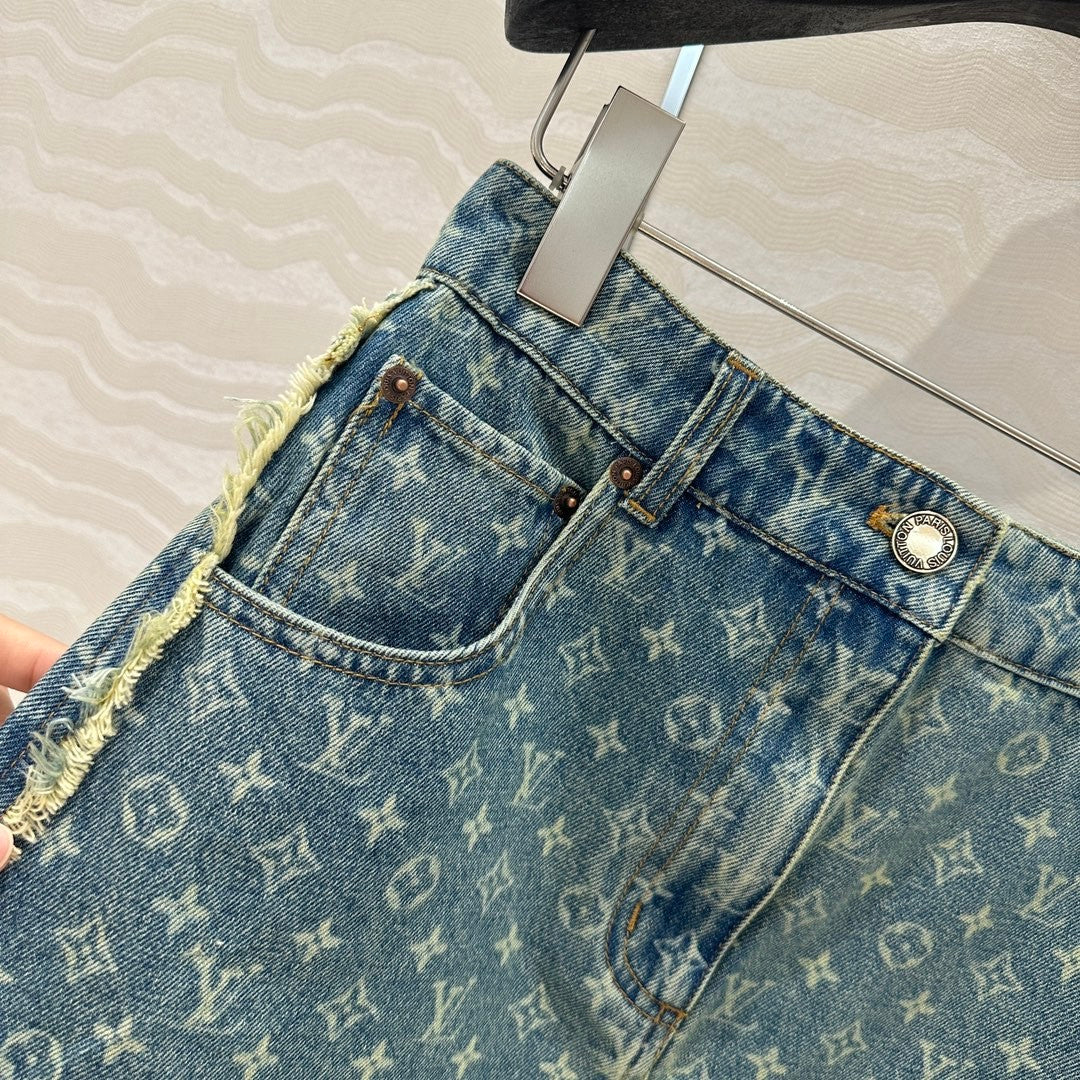 Monogram jacquard denim midi skirt