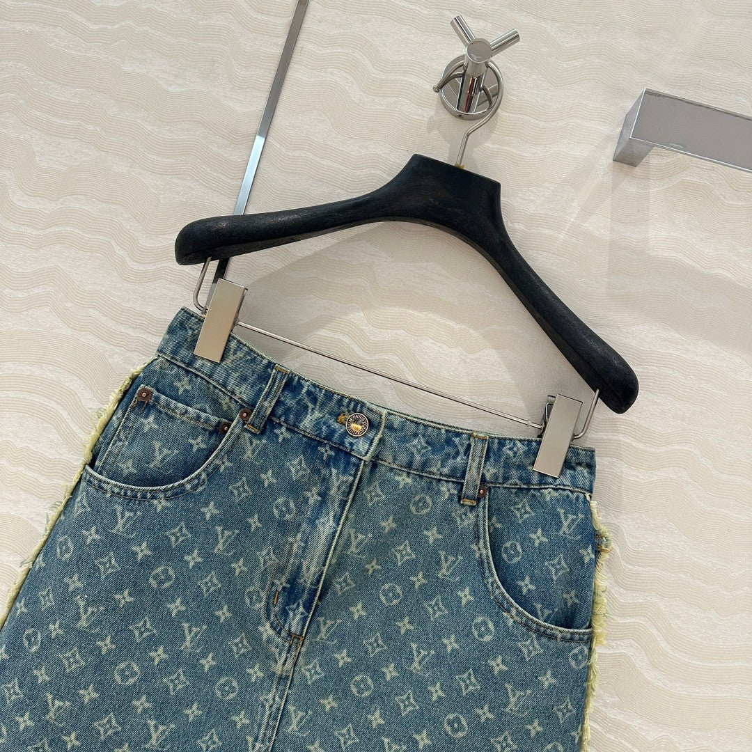 Monogram jacquard denim midi skirt