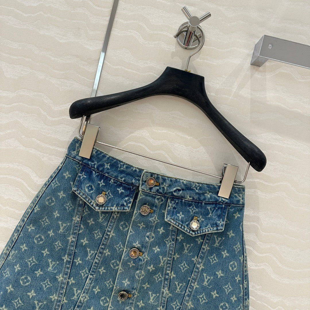 Monogram jacquard denim midi skirt with metal buttons