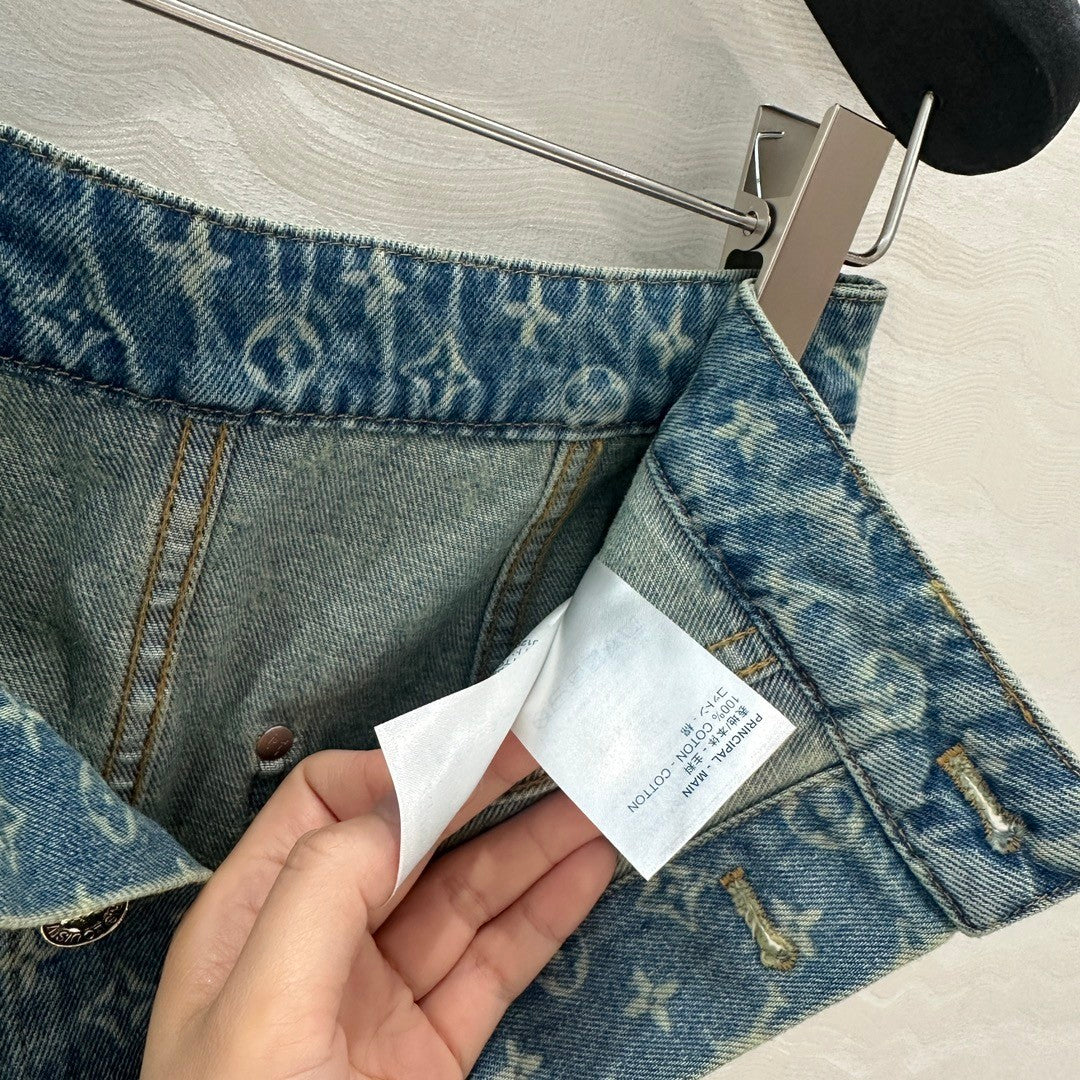 Monogram jacquard denim midi skirt with metal buttons