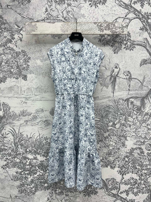 Butterfly and flower printed stand-up collar sleeveless dress