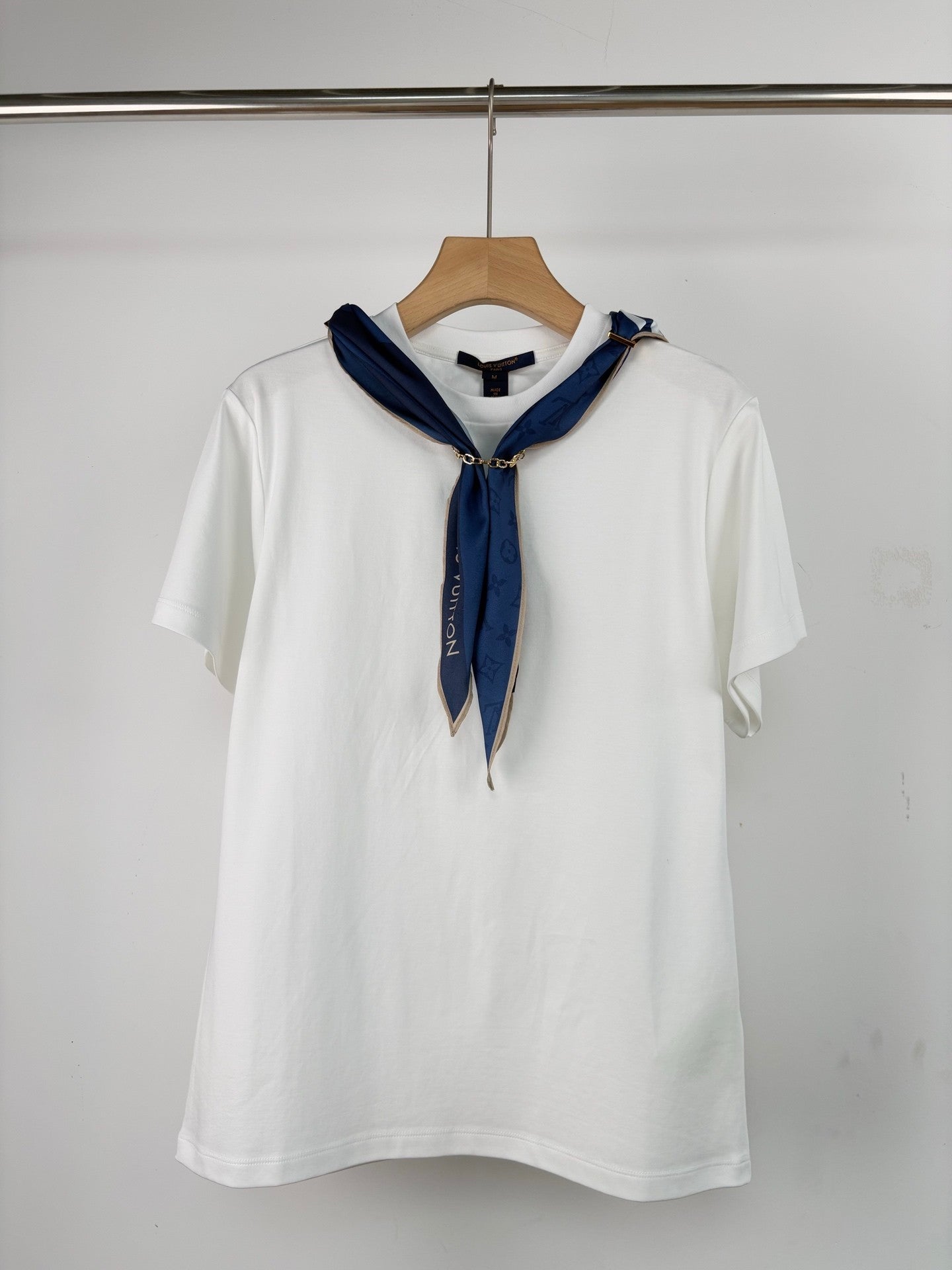 White T - Shirt: Stylish with Detachable Blue Silk Scarf