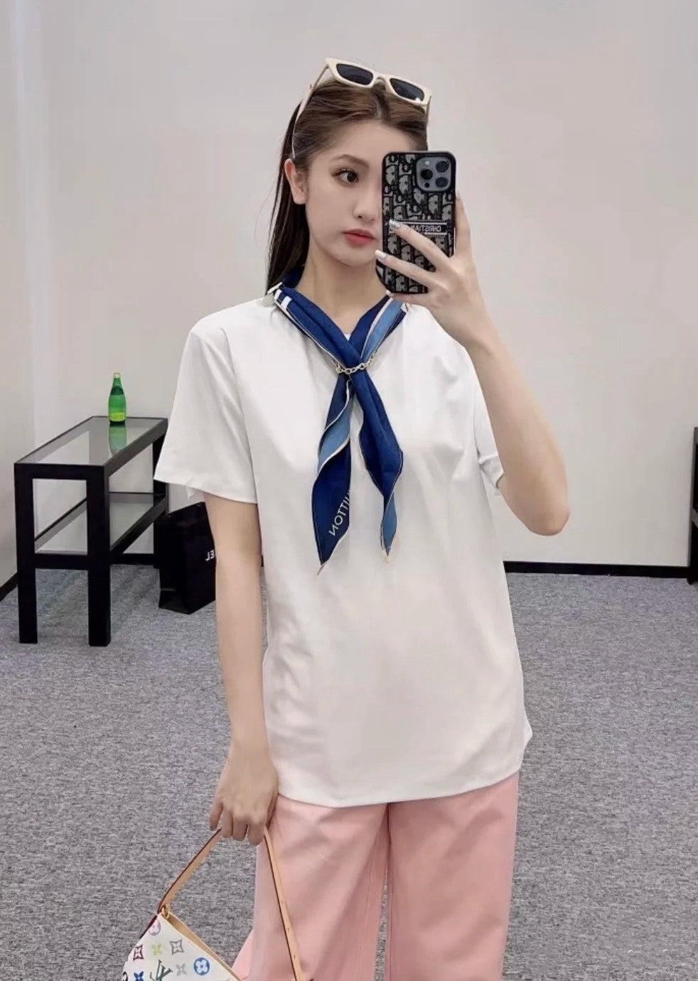 White T - Shirt: Stylish with Detachable Blue Silk Scarf