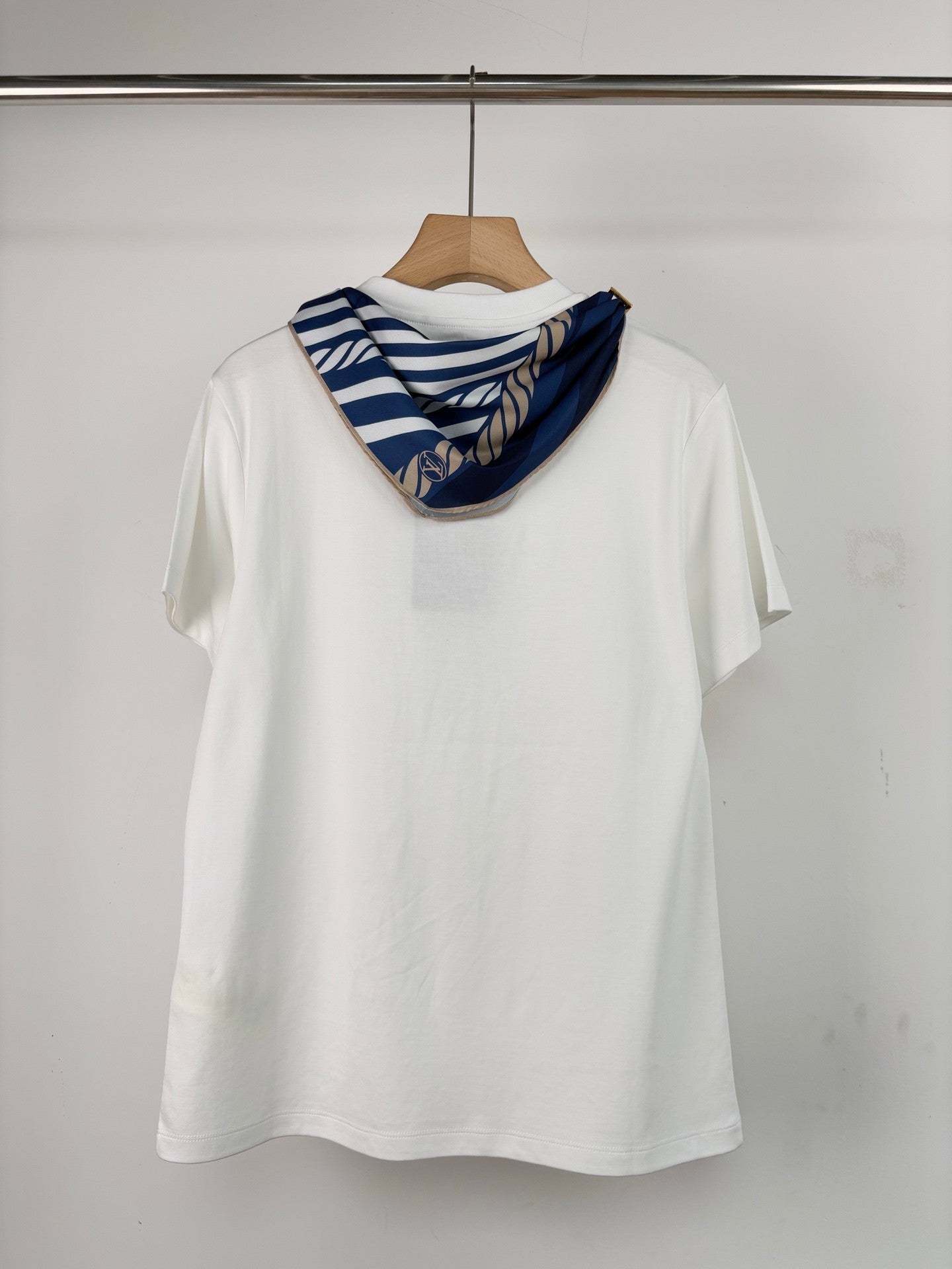 White T - Shirt: Stylish with Detachable Blue Silk Scarf