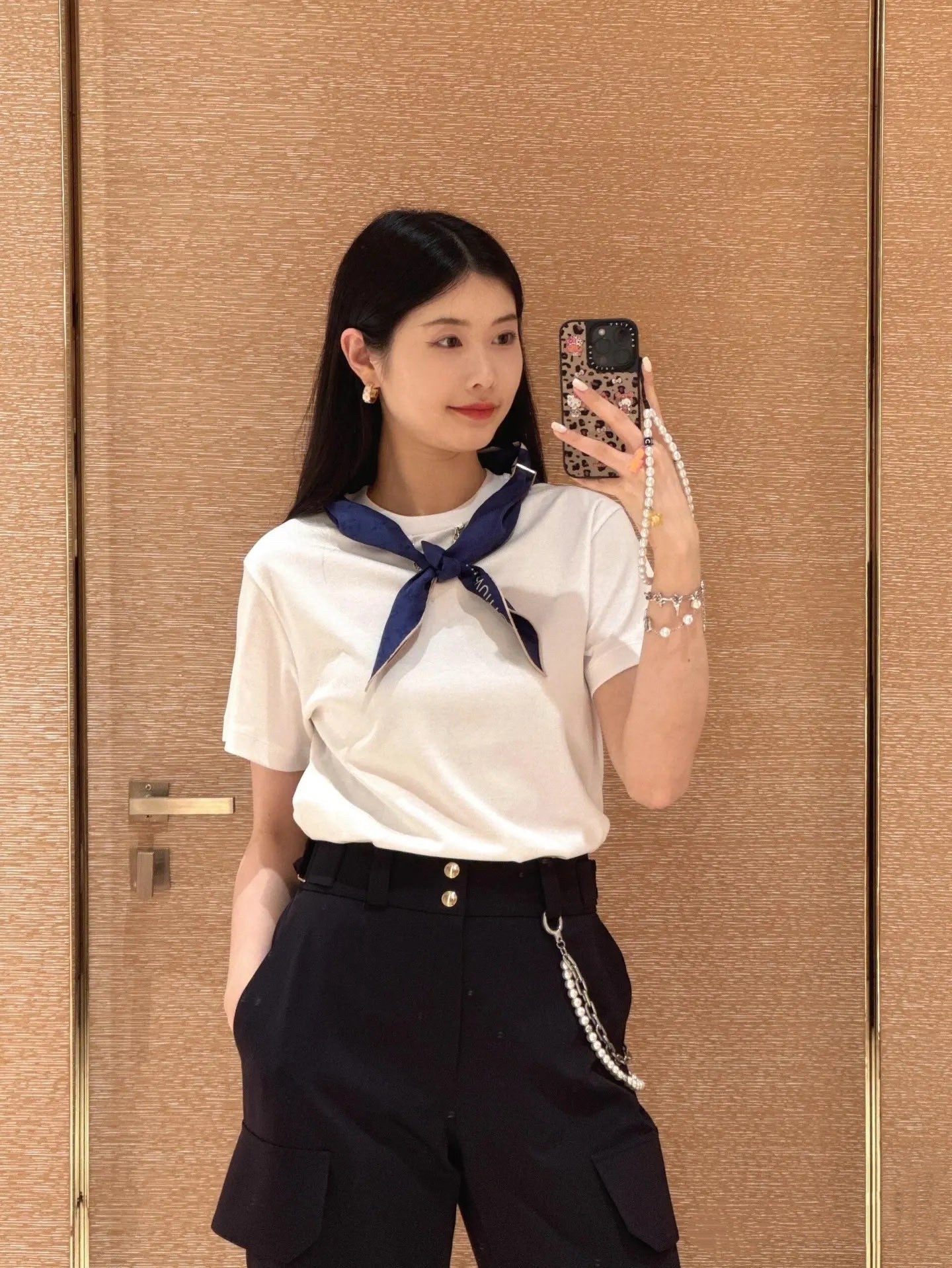 White T - Shirt: Stylish with Detachable Blue Silk Scarf