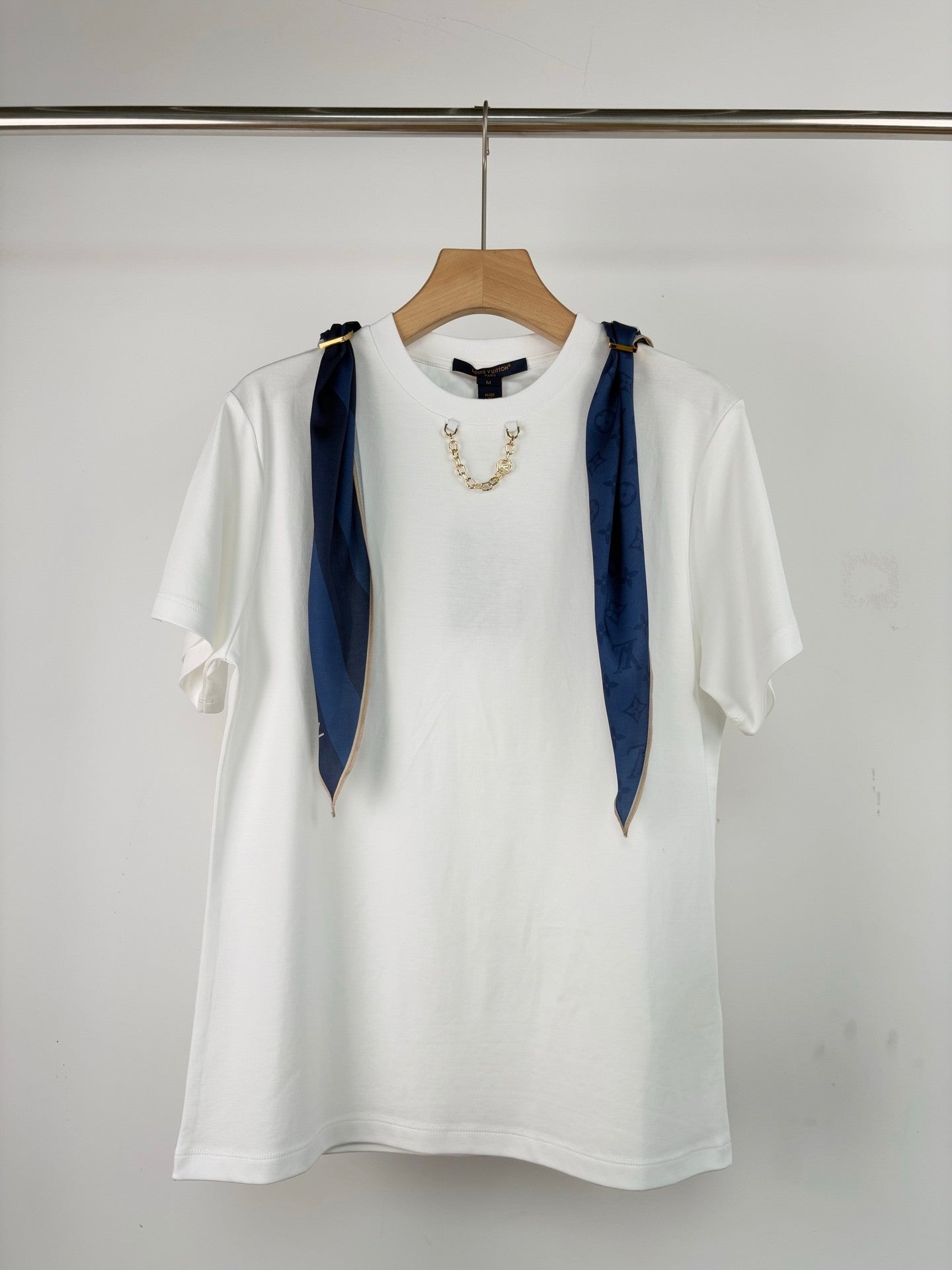 White T - Shirt: Stylish with Detachable Blue Silk Scarf