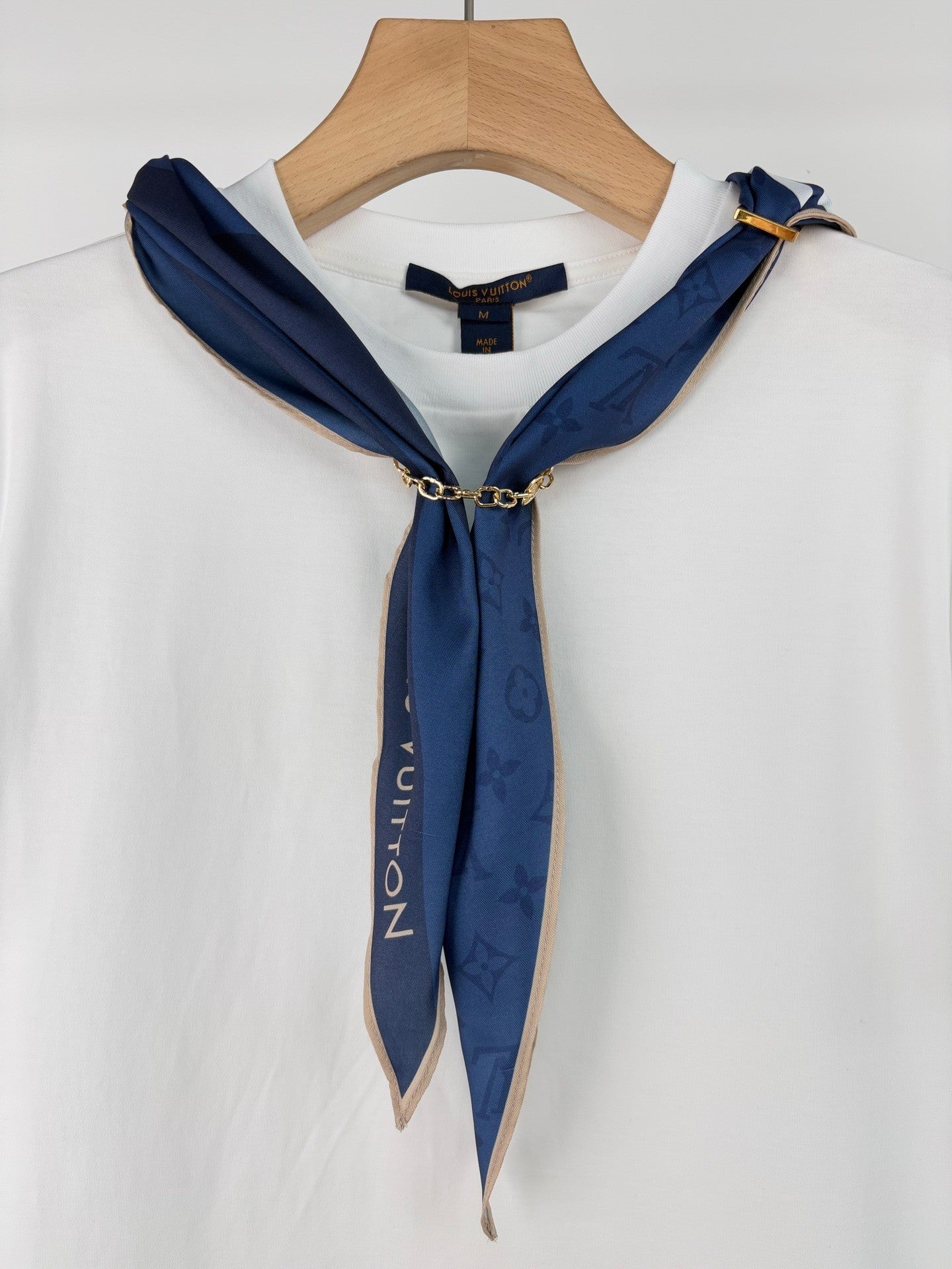 White T - Shirt: Stylish with Detachable Blue Silk Scarf