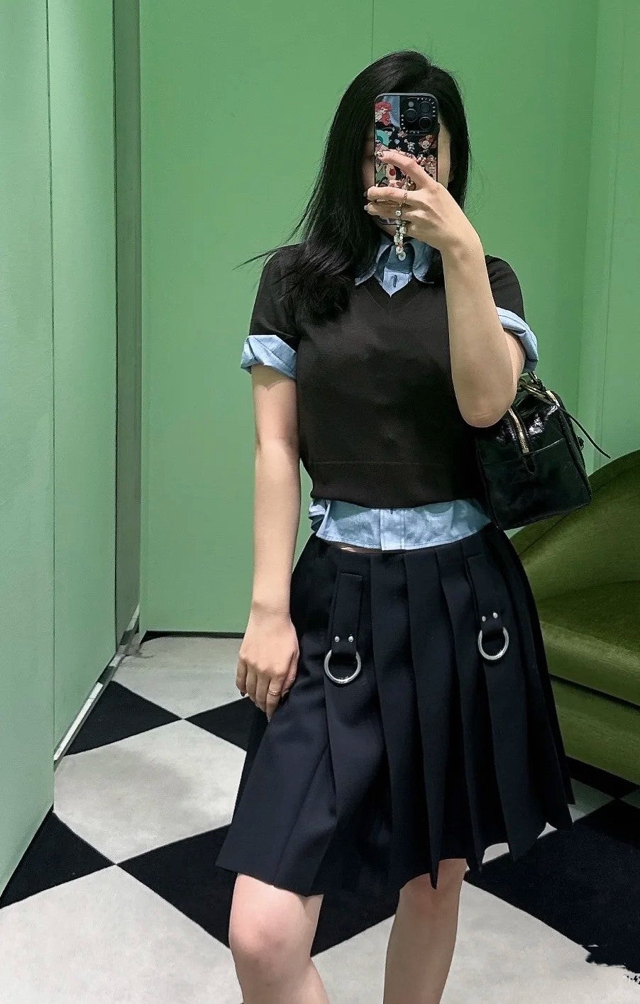 Pleated A - line Skirt with Ring Decoration