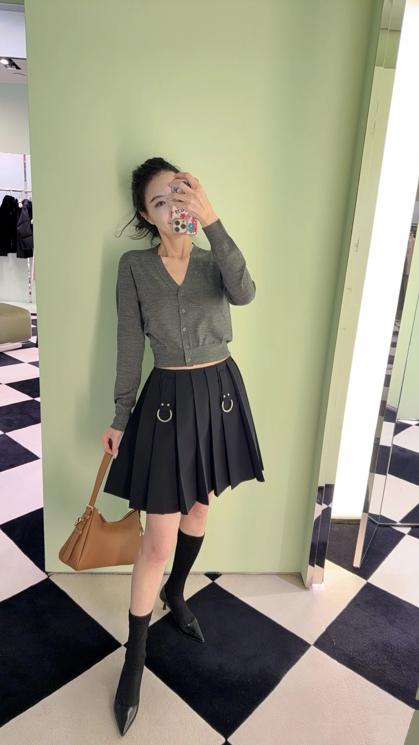 Pleated A - line Skirt with Ring Decoration