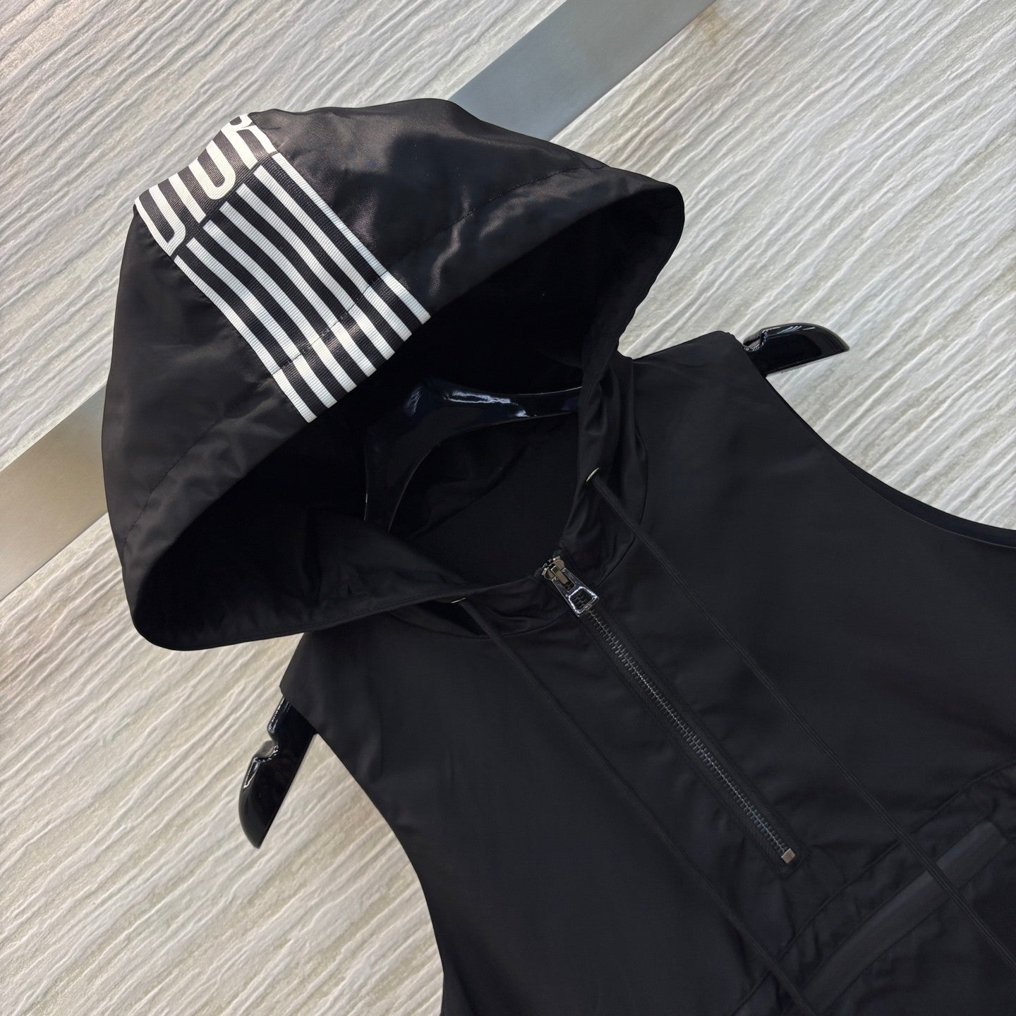 Nylon Sleeveless Hooded Dress with Double - sided Logo Ribbon Paneling