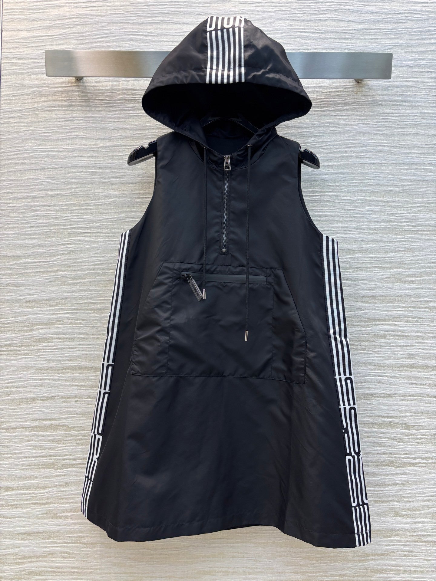 Nylon Sleeveless Hooded Dress with Double - sided Logo Ribbon Paneling