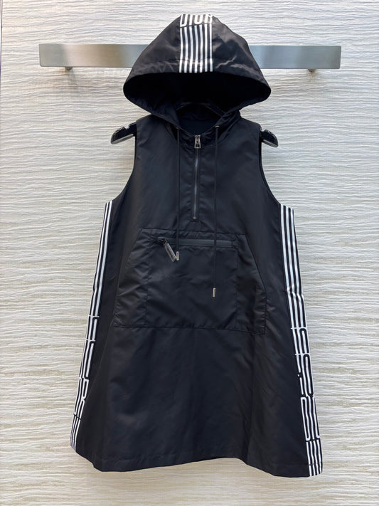 Nylon Sleeveless Hooded Dress with Double - sided Logo Ribbon Paneling