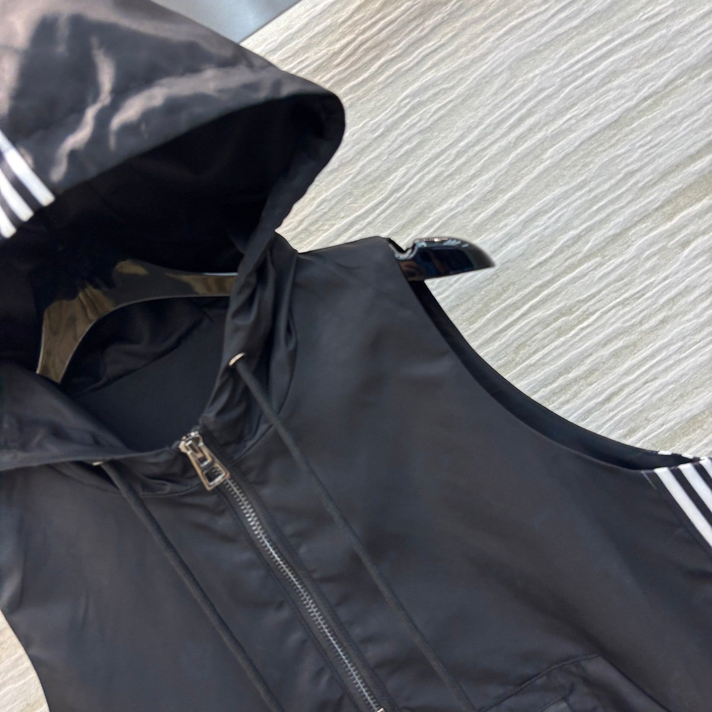 Nylon Sleeveless Hooded Dress with Double - sided Logo Ribbon Paneling