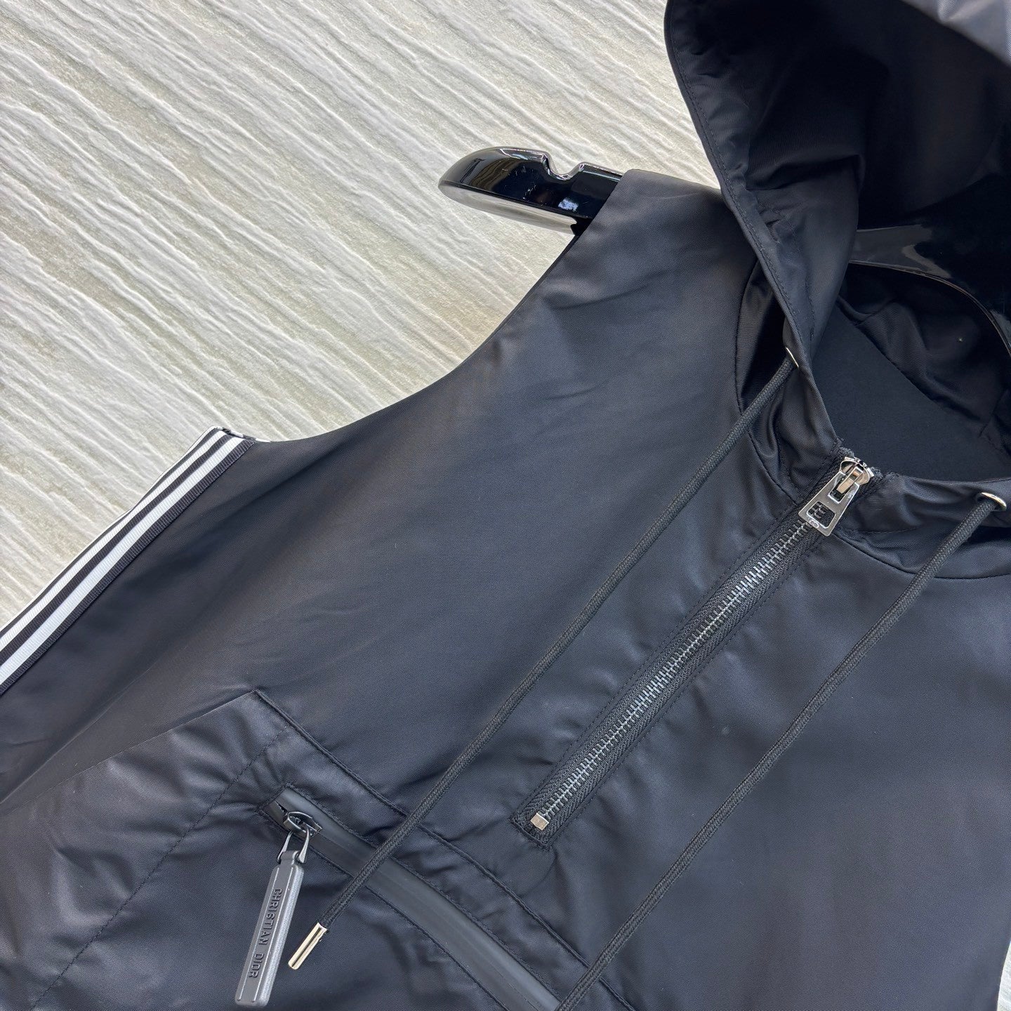 Nylon Sleeveless Hooded Dress with Double - sided Logo Ribbon Paneling