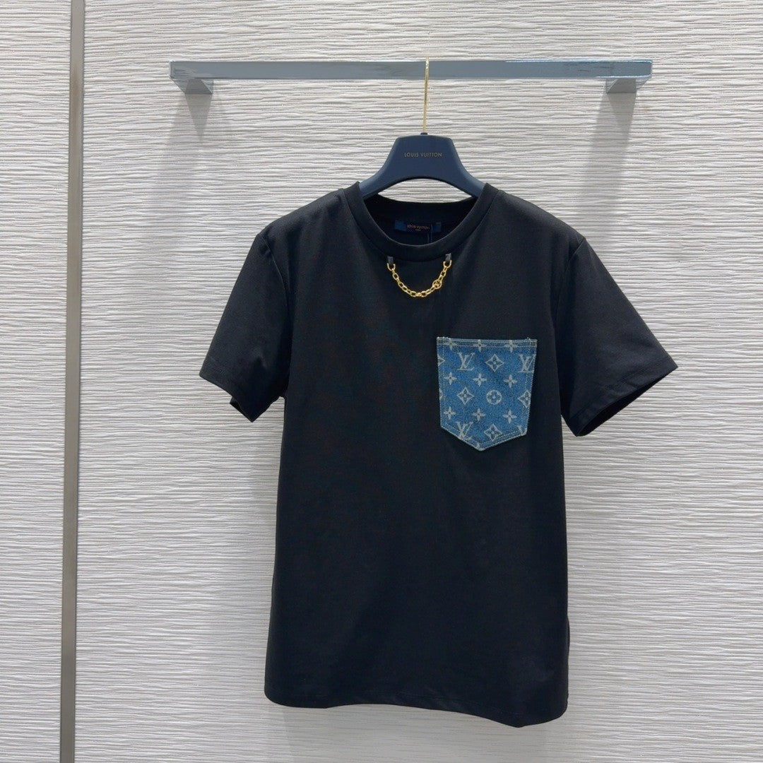 Black T - shirt with Monogram Pocket & Gold Chain Detail