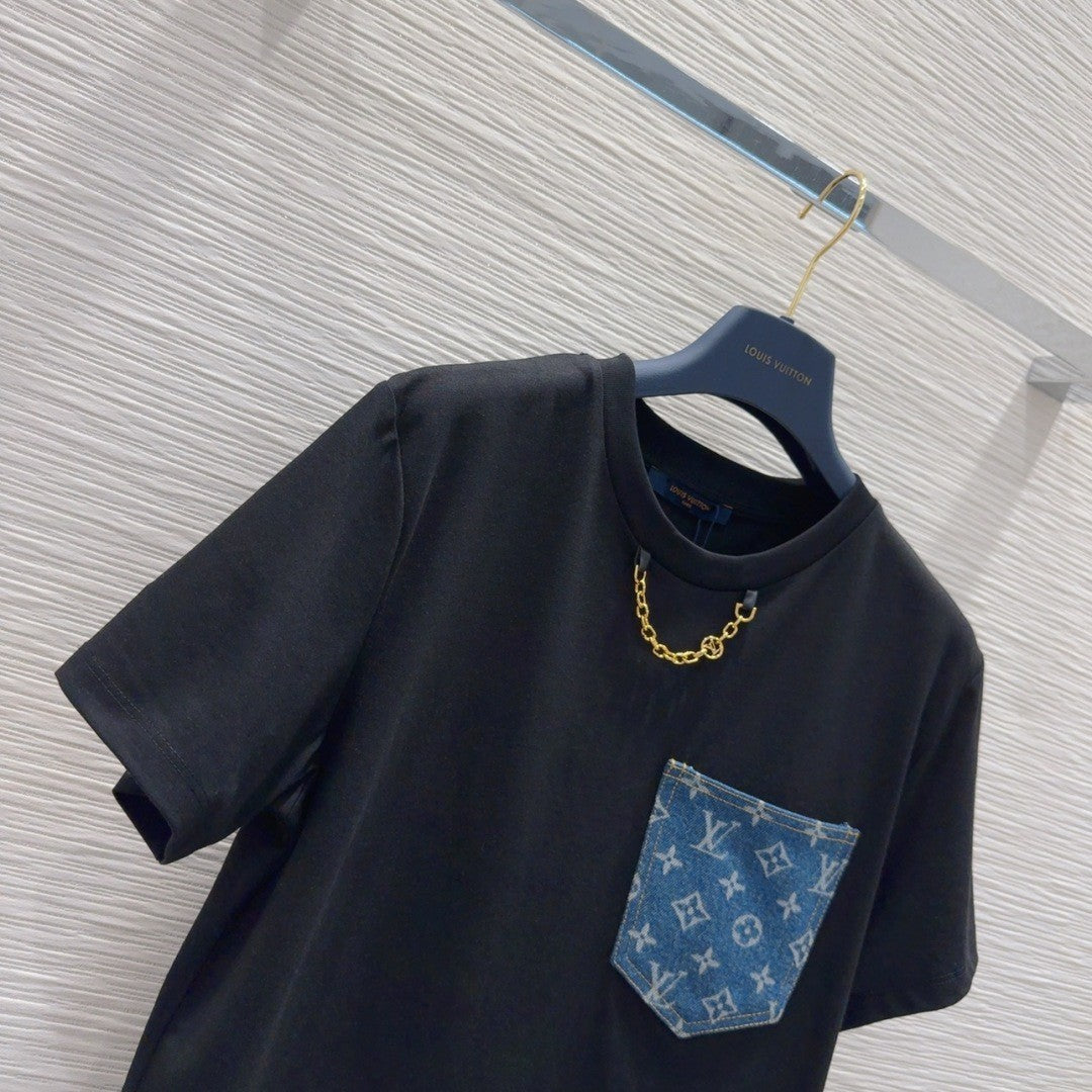 Black T - shirt with Monogram Pocket & Gold Chain Detail