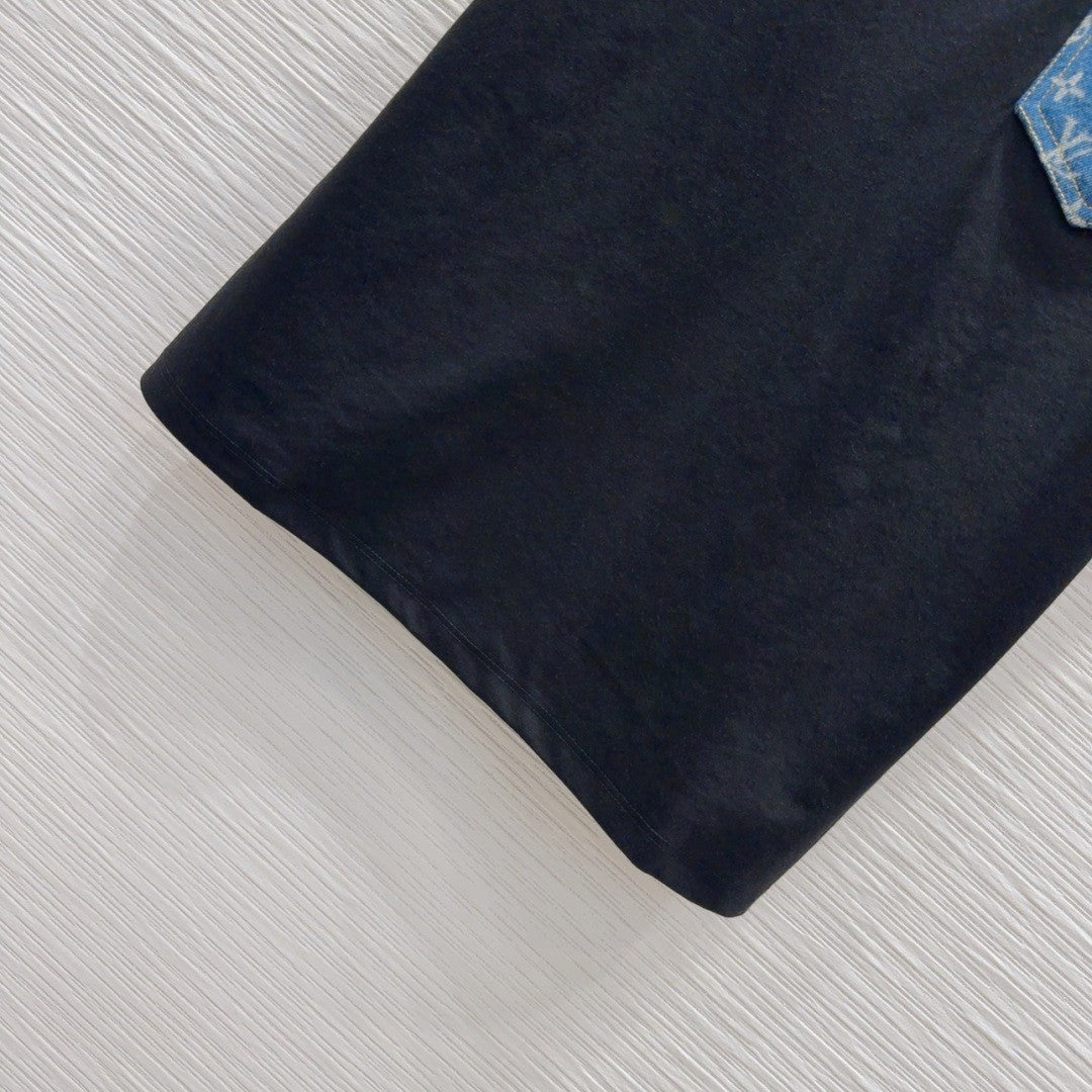 Black T - shirt with Monogram Pocket & Gold Chain Detail