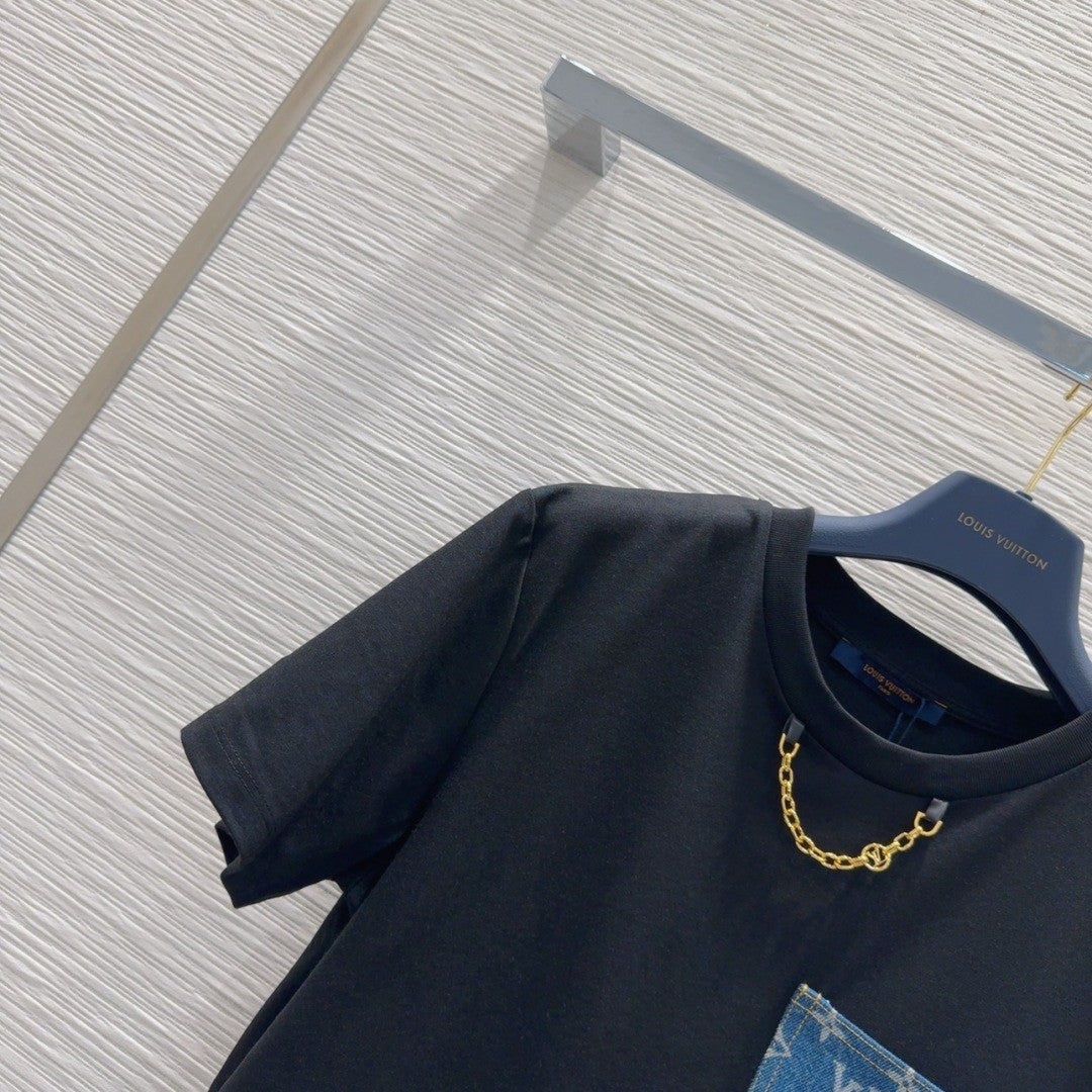Black T - shirt with Monogram Pocket & Gold Chain Detail