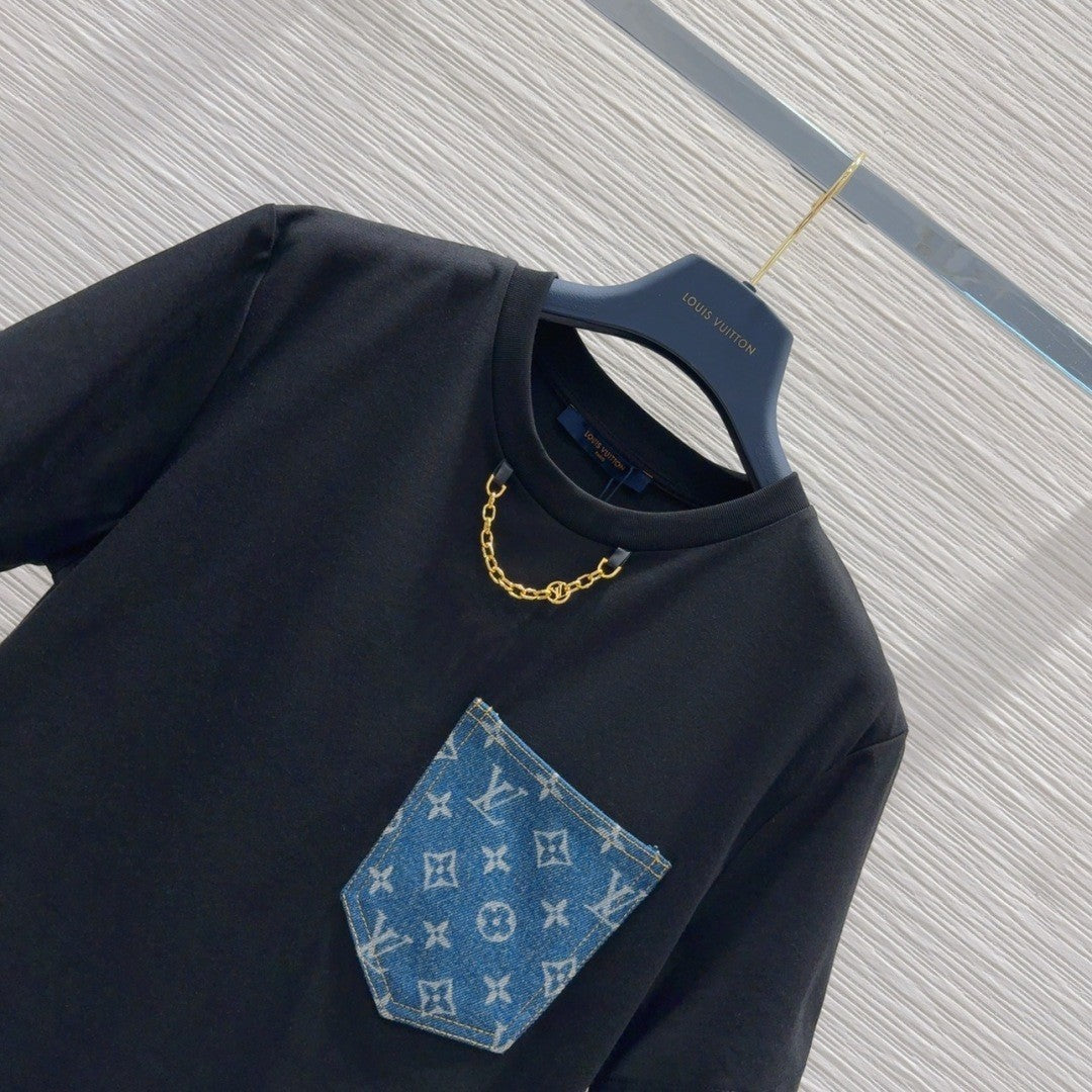 Black T - shirt with Monogram Pocket & Gold Chain Detail