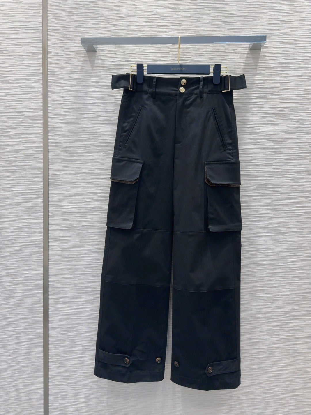 Black Cargo Pants with Monogram - Trimmed Pockets & Belt Detail