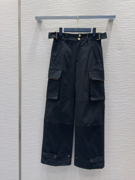 Black Cargo Pants with Monogram - Trimmed Pockets & Belt Detail