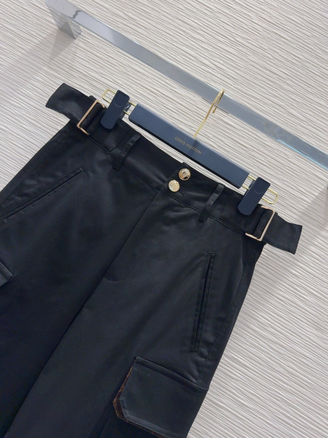 Black Cargo Pants with Monogram - Trimmed Pockets & Belt Detail