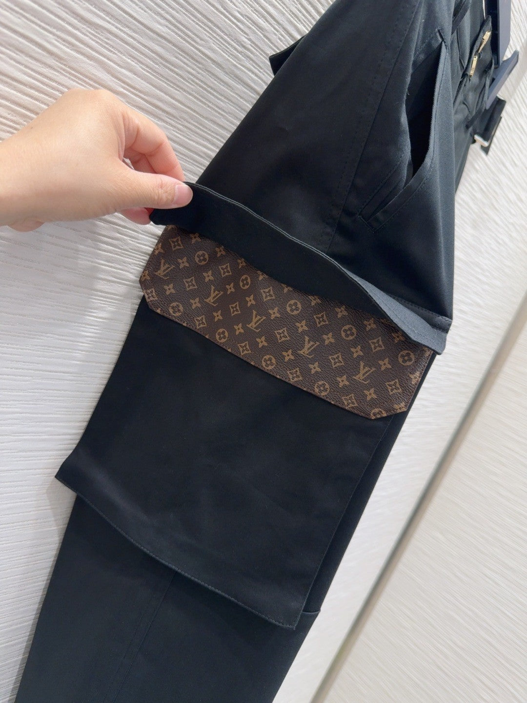 Black Cargo Pants with Monogram - Trimmed Pockets & Belt Detail