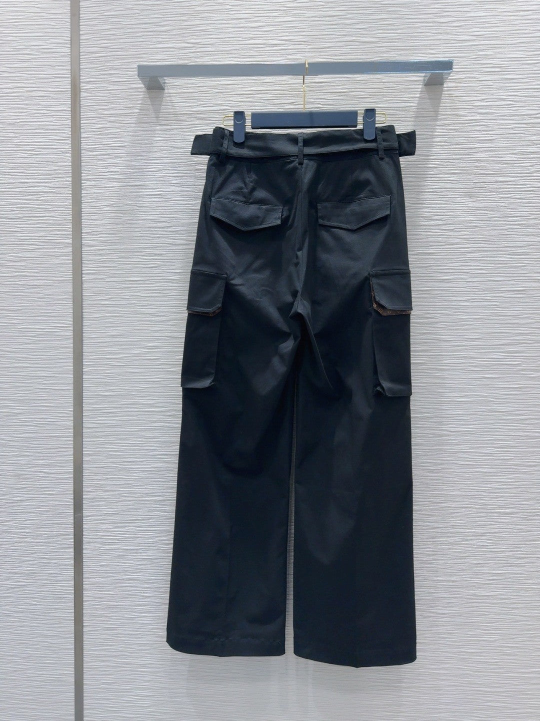 Black Cargo Pants with Monogram - Trimmed Pockets & Belt Detail