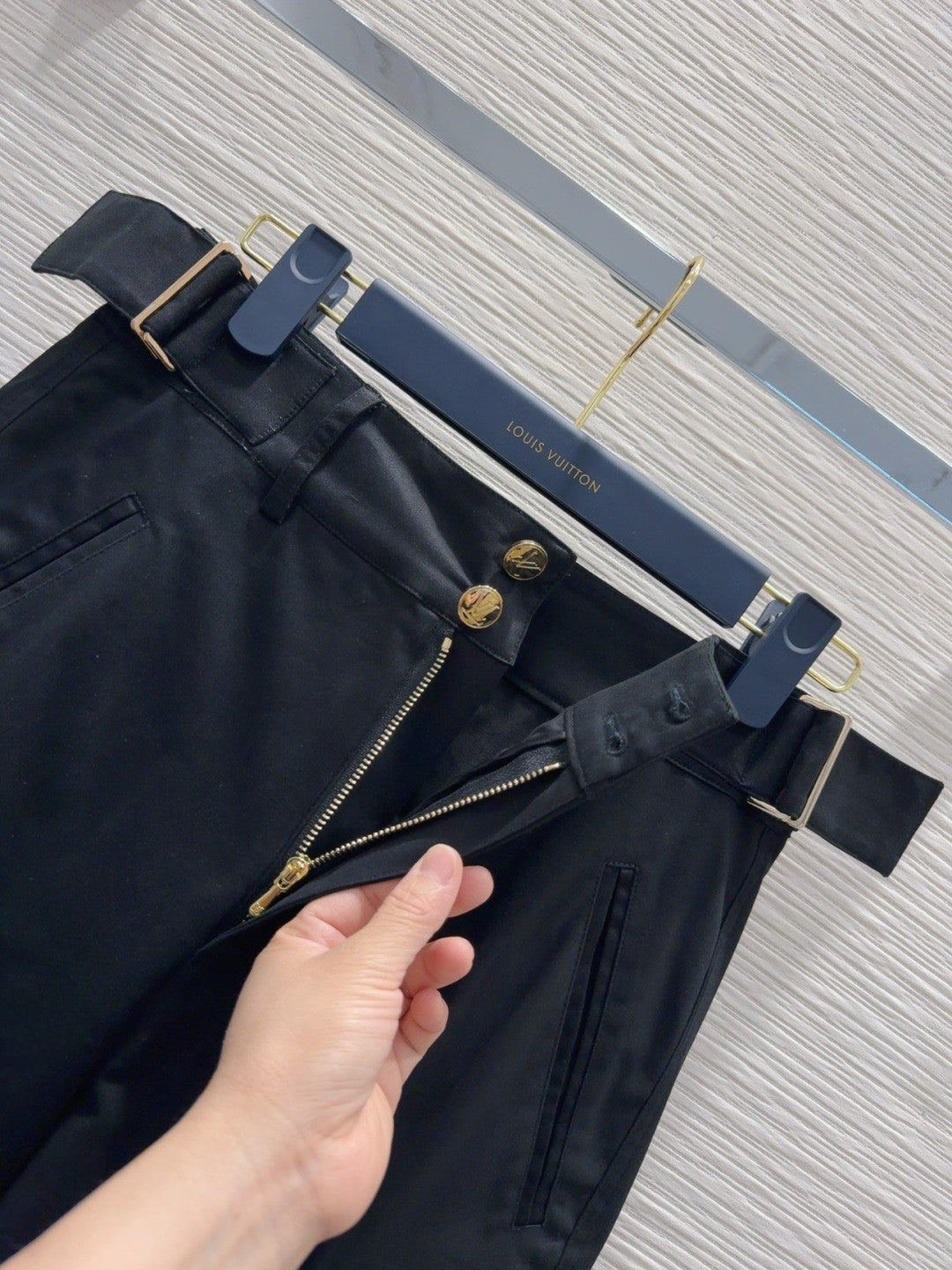 Black Cargo Pants with Monogram - Trimmed Pockets & Belt Detail