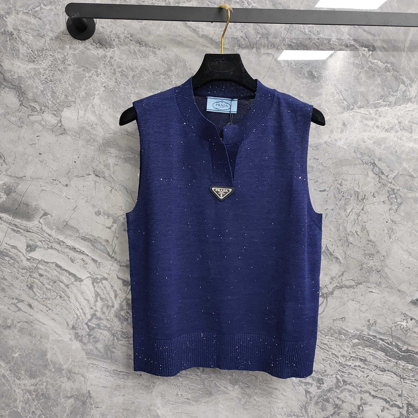 Navy Blue Sleeveless Knit Vest  T - shirt  with Embellishments & Logo