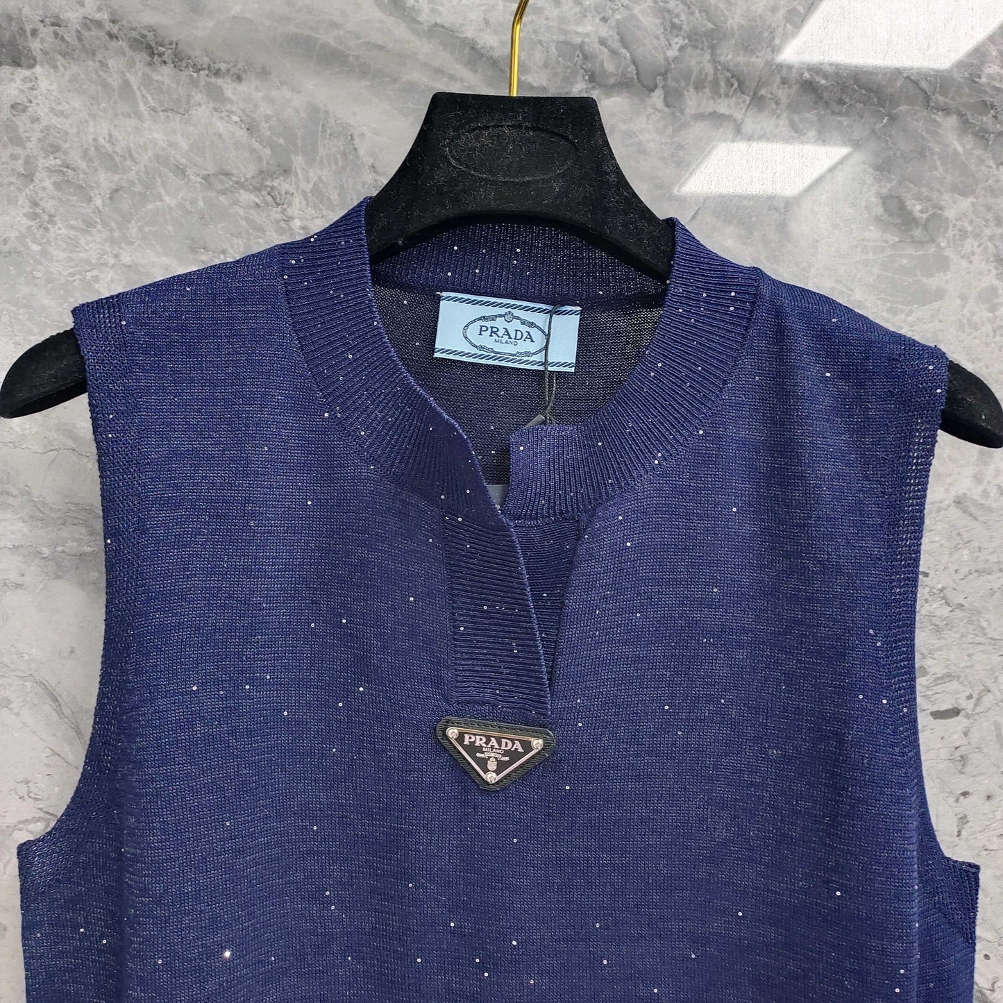 Navy Blue Sleeveless Knit Vest  T - shirt  with Embellishments & Logo